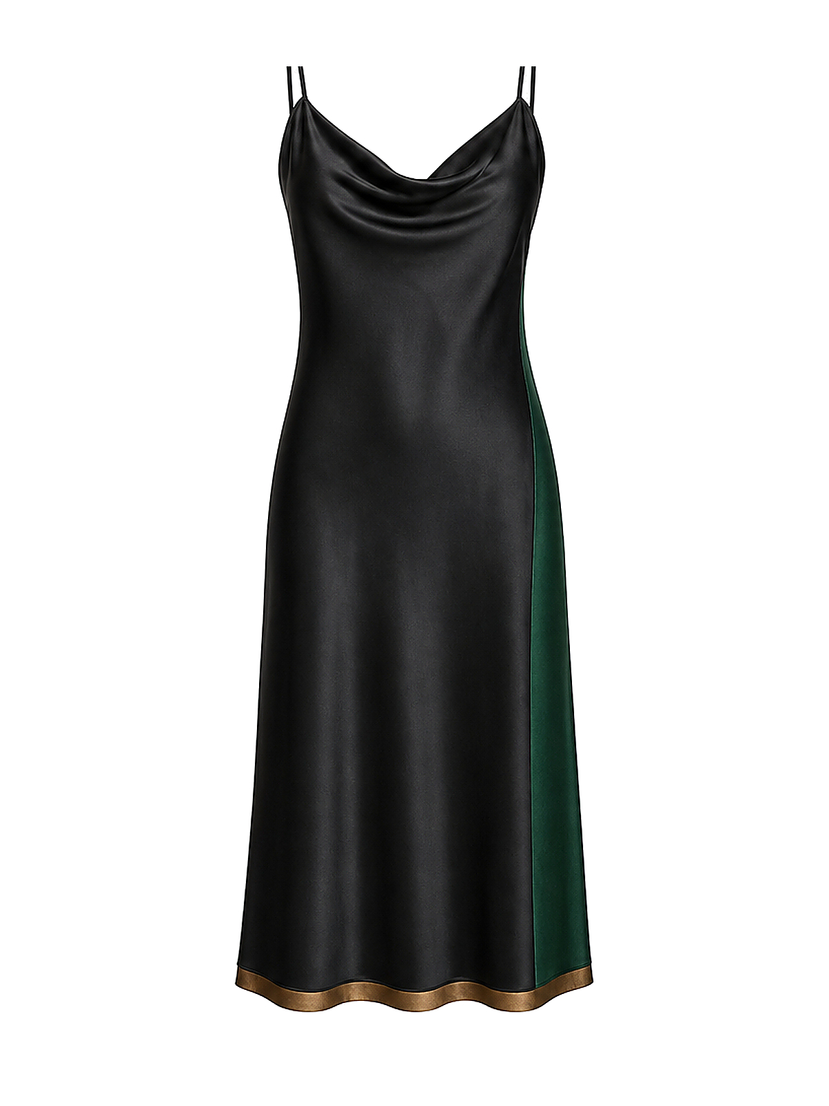 Zyliachic Matte Satin Cowl Neck Slip Dress with Emerald Panel — Modern Office Chic - Black