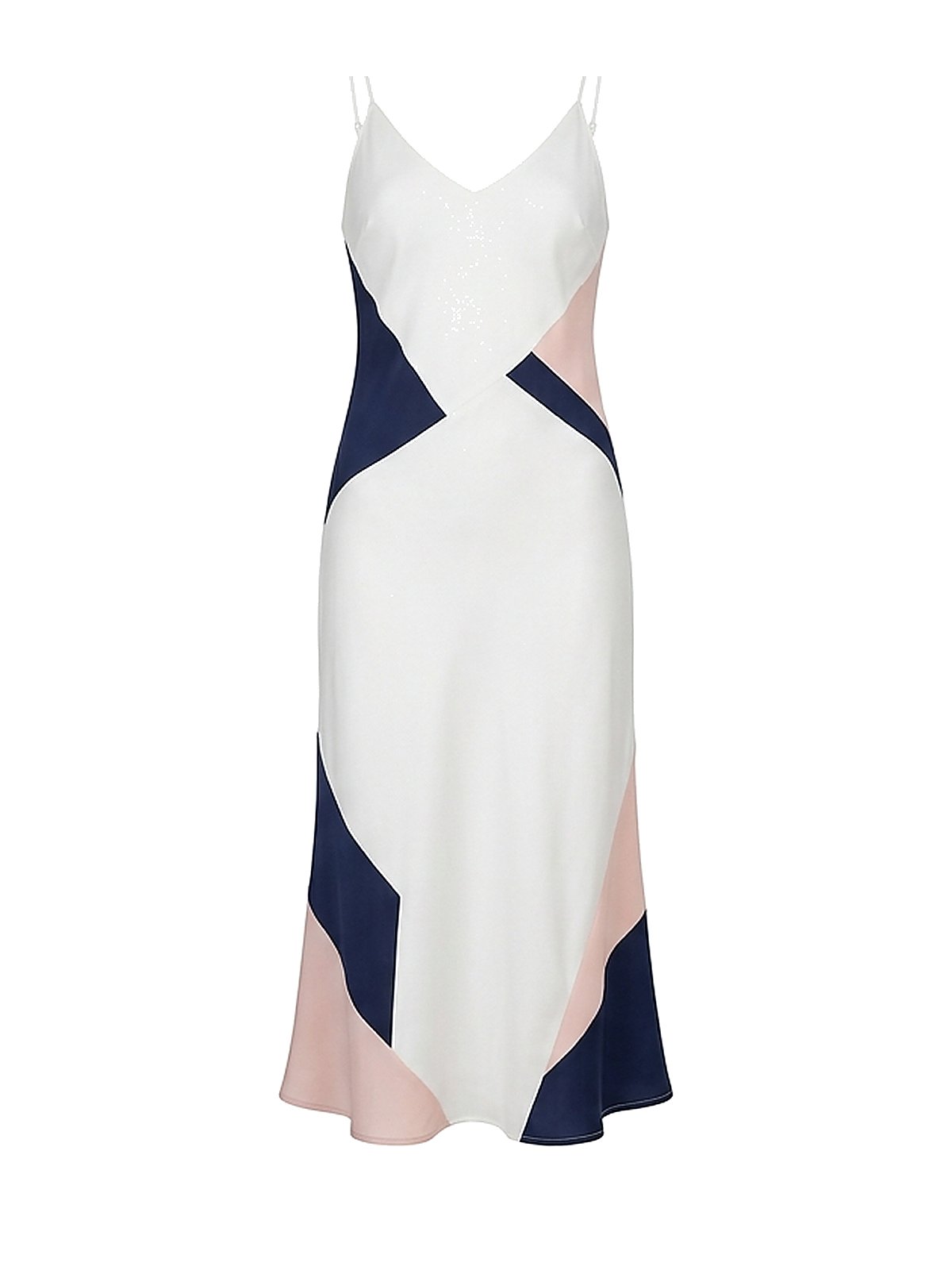 Zyliachic Matte Satin V-Neck Slip Dress with Color Block Pattern — Office Chic - White