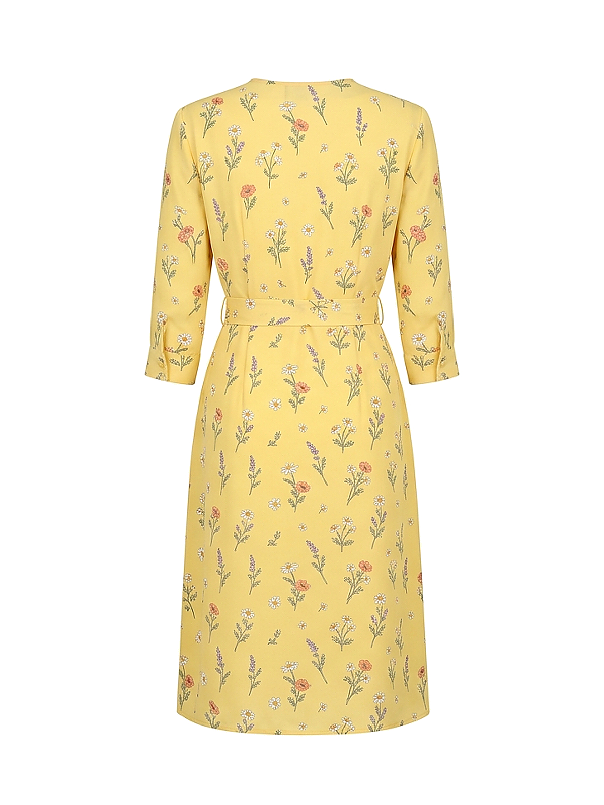 Zyliachic Crepe V-Neck Shirt Dress with Self-Tie Waist for Office Elegance - Yellow Back