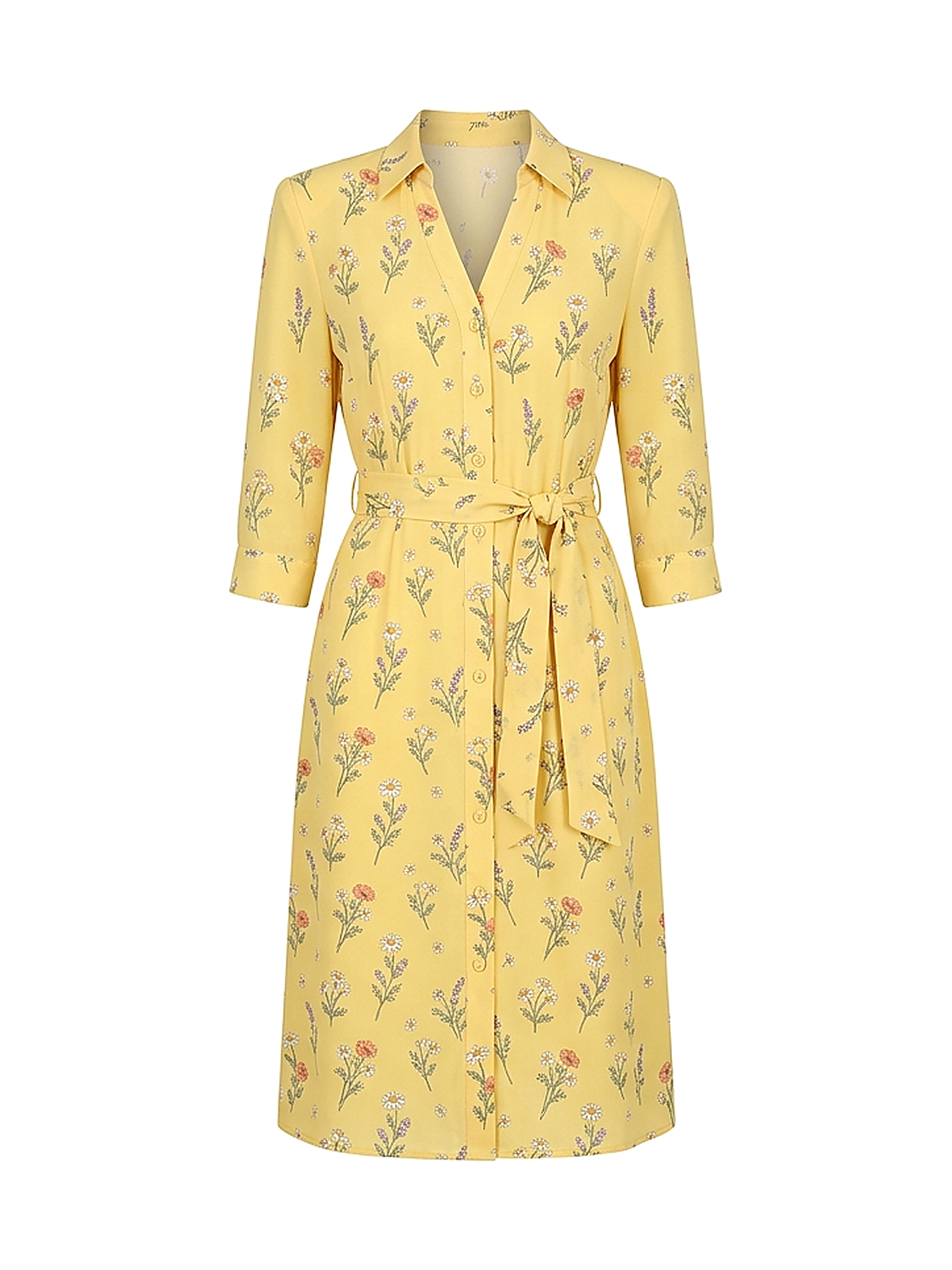 Zyliachic Crepe V-Neck Shirt Dress with Self-Tie Waist for Office Elegance - Yellow